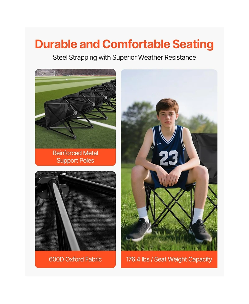 Hongge 6-Seat Portable Folding Sideline Bench with Storage Pockets