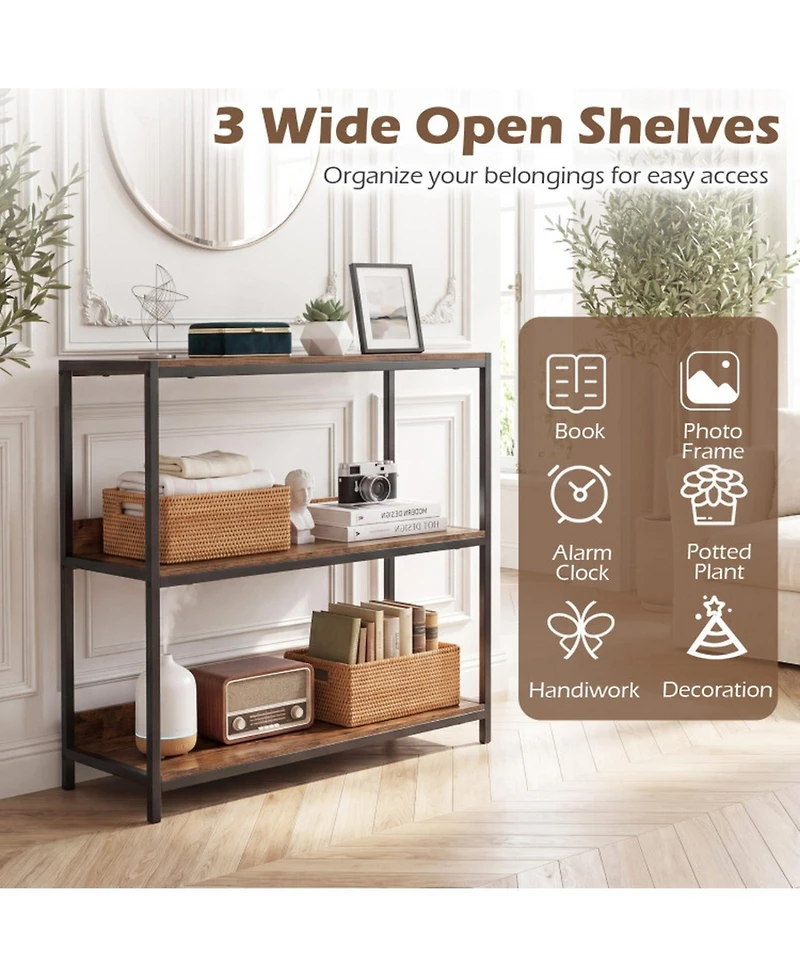 Sugift 3-Tier Industrial Bookshelf with Wooden Shelves and Metal Frame