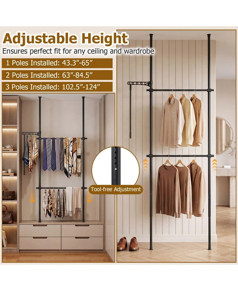 Sugift Adjustable Floor to Ceiling Clothes Rack with 2 Hanging Rods 102.5in-124in