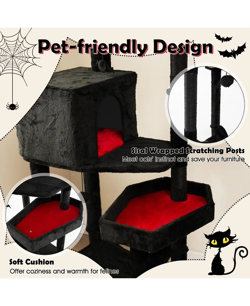 Sugift Gothic Cat Tree with 2 Cat Condos and Coffin Bed for Indoor Cats