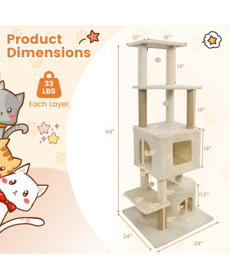 Sugift 64 in Tall Cat Tree with 2 Large Condos and Jute Scratching Posts for Indoor Adult Cats
