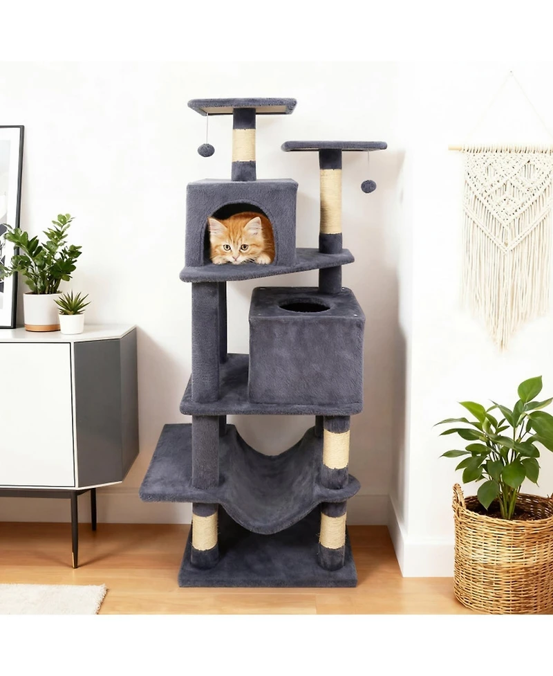 Sugift 57 in Cat Tree with Dual Condos Hammock and 2 Dangling Balls