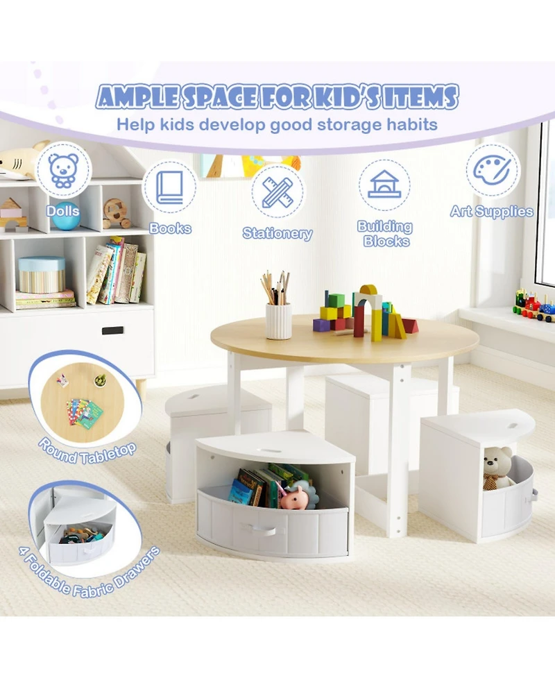 Sugift 5-Piece Toddler Round Nesting Table With 4 Storage Stools For Activities