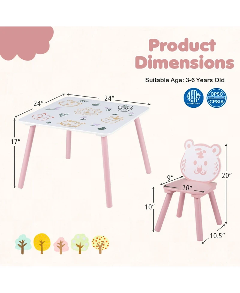 Sugift 3-Piece Kids Table and Chairs Set with Animal Patterns
