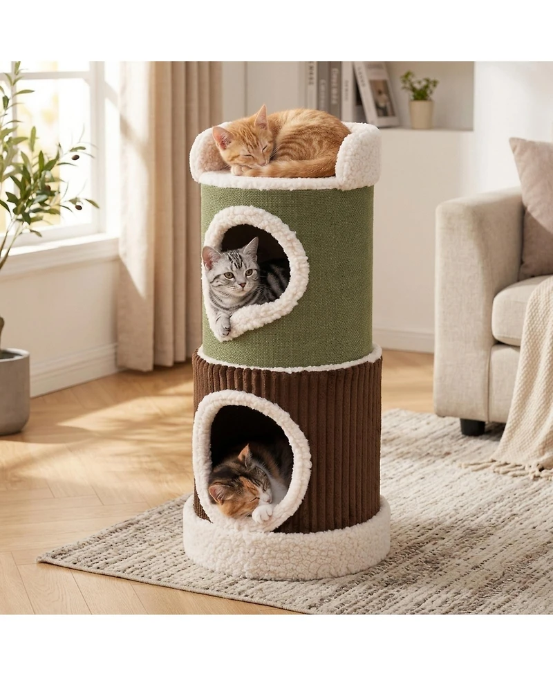 Sugift 3-Level Barrel Cat House with Top Perch Double Condos and Stable Base
