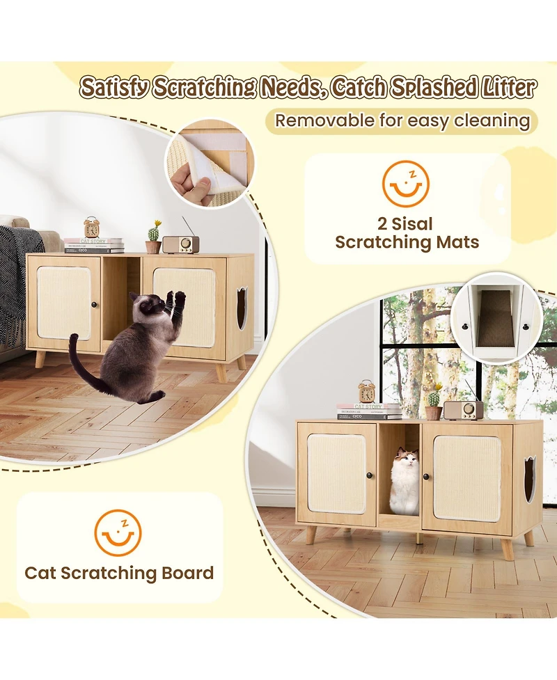 Sugift 43 in Cat Litter Box Enclosure with Double Rooms and 2 Sisal Scratching Mats