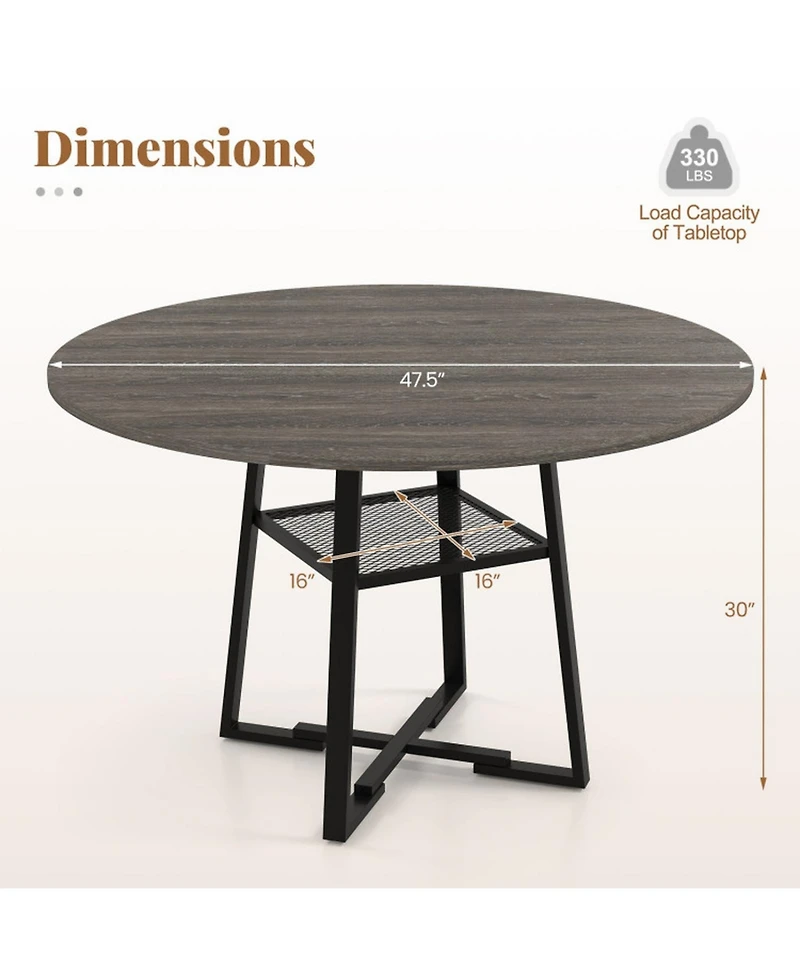 Sugift 47.5in Round Dining Table for 4-6 with Storage Shelf and Metal Legs