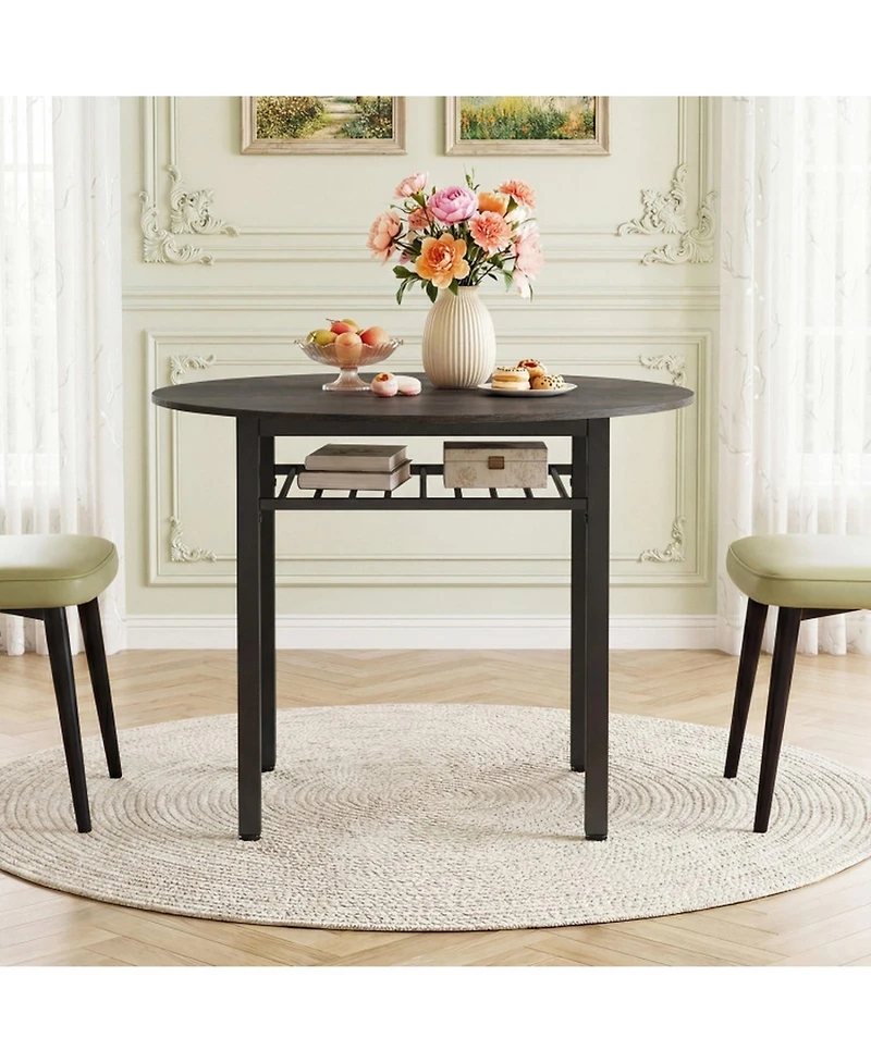 Sugift 40 in Round Kitchen Table with Storage Shelf and Metal Frame for 4 People