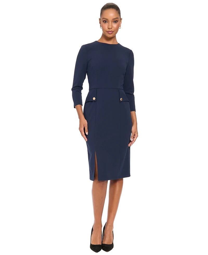 London Times Petite Sheath Midi 3/4 Sleeve Dress