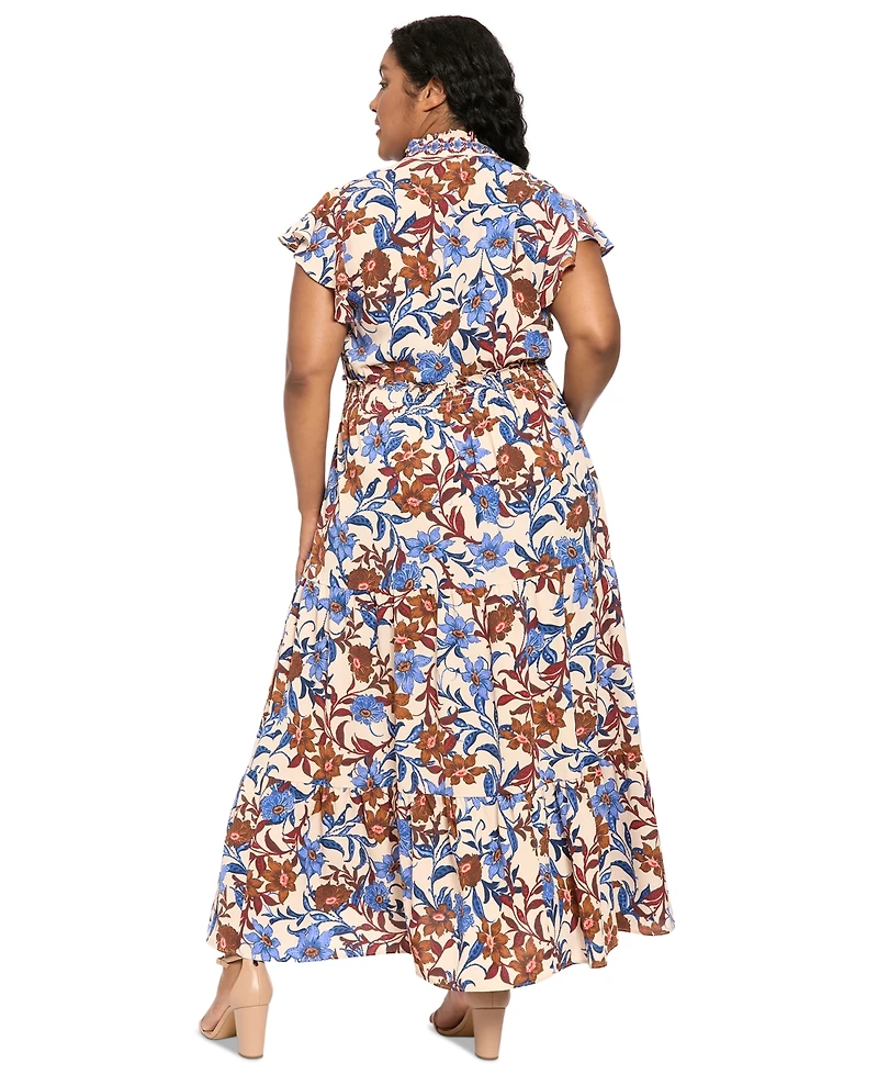 London Times Plus Tiered Flutter-Sleeve Bubble-Crepe Maxi Dress
