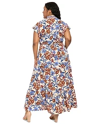London Times Plus Tiered Flutter-Sleeve Bubble-Crepe Maxi Dress