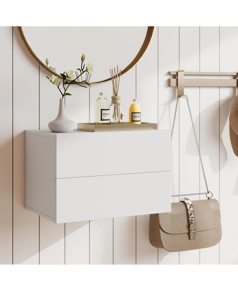 Sugift Wall Mounted Floating Nightstand with 2 Storage Drawers for Bedroom
