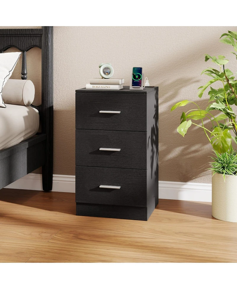 Sugift Nightstand with Charging Station 3-Drawer Bedside End Table for Bedroom
