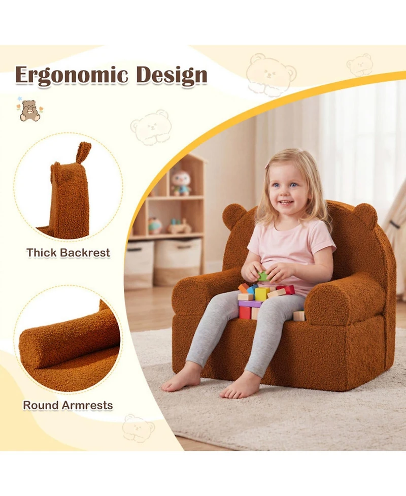 Sugift Kids Bear Toddler Foam Sofa Couch with Soft Teddy Fleece Fabric Cover