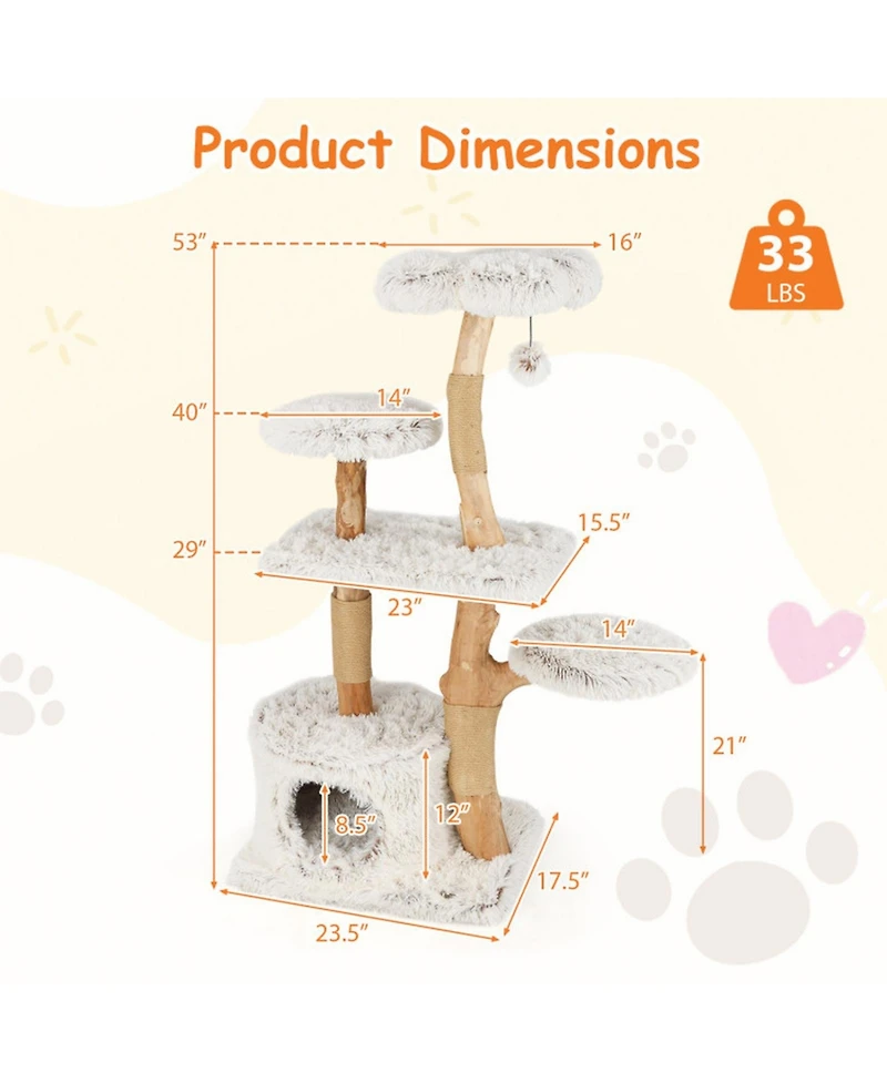 Sugift 53 in Modern Wooden Cat Tree Tower with Natural Branch Jute Scratching Posts and Condo