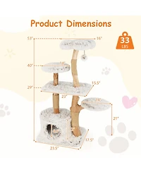 Sugift 53 in Modern Wooden Cat Tree Tower with Natural Branch Jute Scratching Posts and Condo