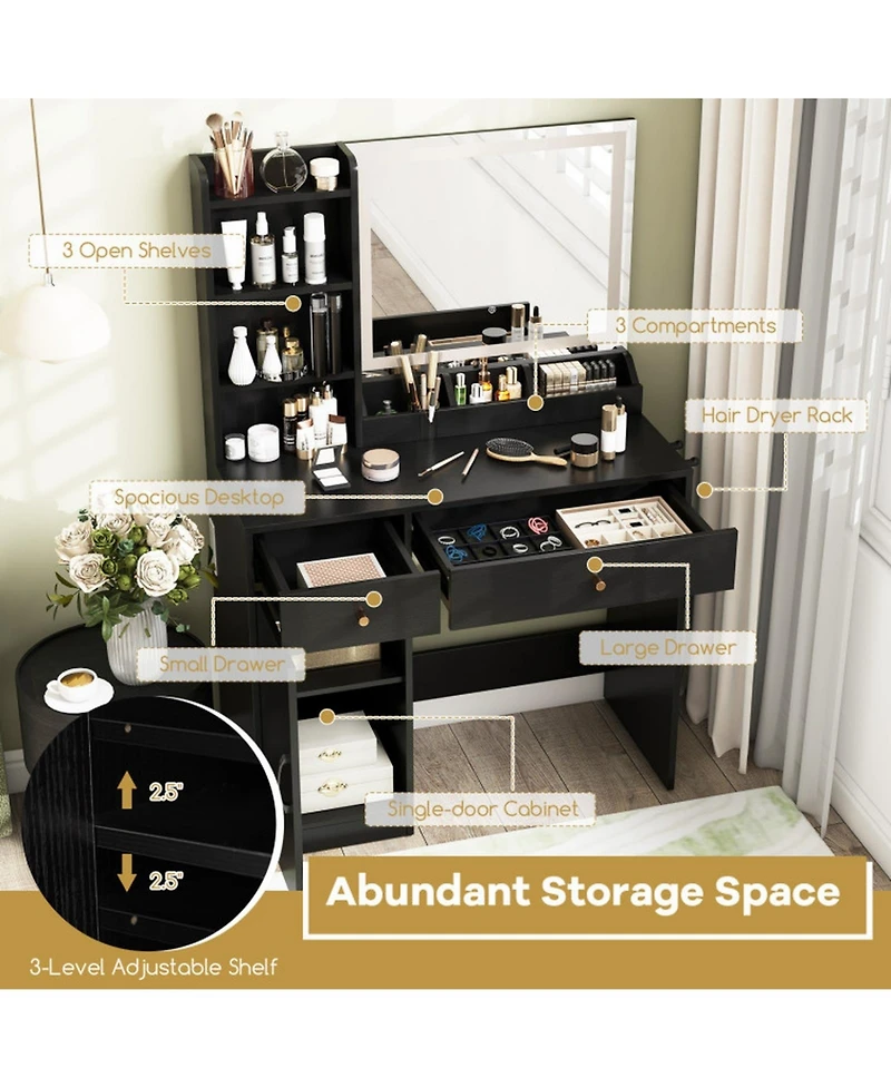 Sugift Vanity Dressing Table and Chair Set with Mirror and 3-Color Adjustable Lights