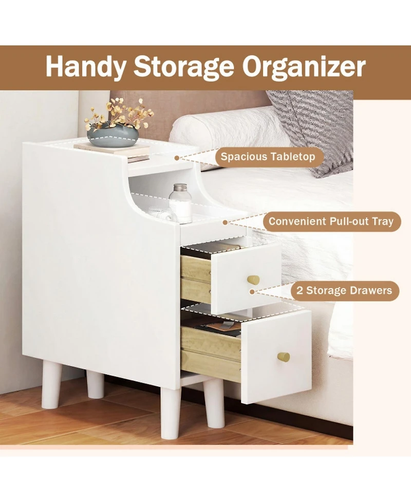 Sugift Set of 2 Solid Wood Night Side Tables with Pull-out Tray and 2 Storage Drawers