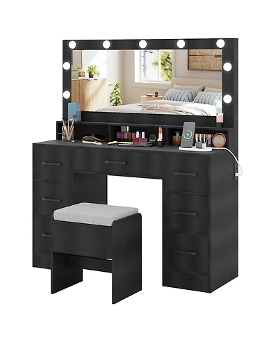 Sugift Vanity Desk With Mirror and Lights Makeup Table With Power Outlets