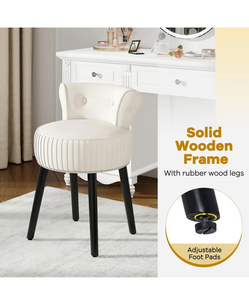 Sugift Velvet Vanity Chair Upholstered Stool with Tufted Low Back and Solid Wood Legs