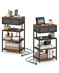Sugift Set of 2 Nightstands with Charging Station 28 in Tall Bedside Table with Fabric Drawer