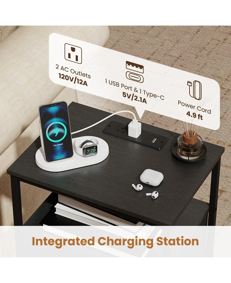 Sugift 24.5 in Modern Nightstand with Charging Station and 2 Fabric Drawers