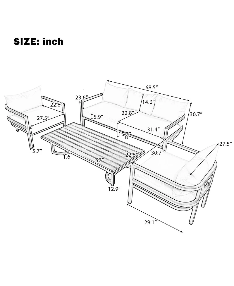 Asagikoiai 5-Piece Outdoor Steel Patio Conversation Set with Coffee Table and Cushions