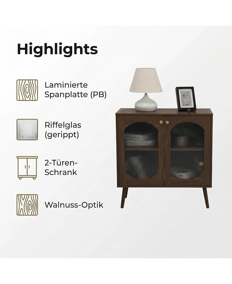 homfan Sleek 2-Door Sideboard Storage Cabinet, Laminated Wood, Fluted Glass Doors, Multifunctional Display Buffet for Living Room, Bedroom, Entryway