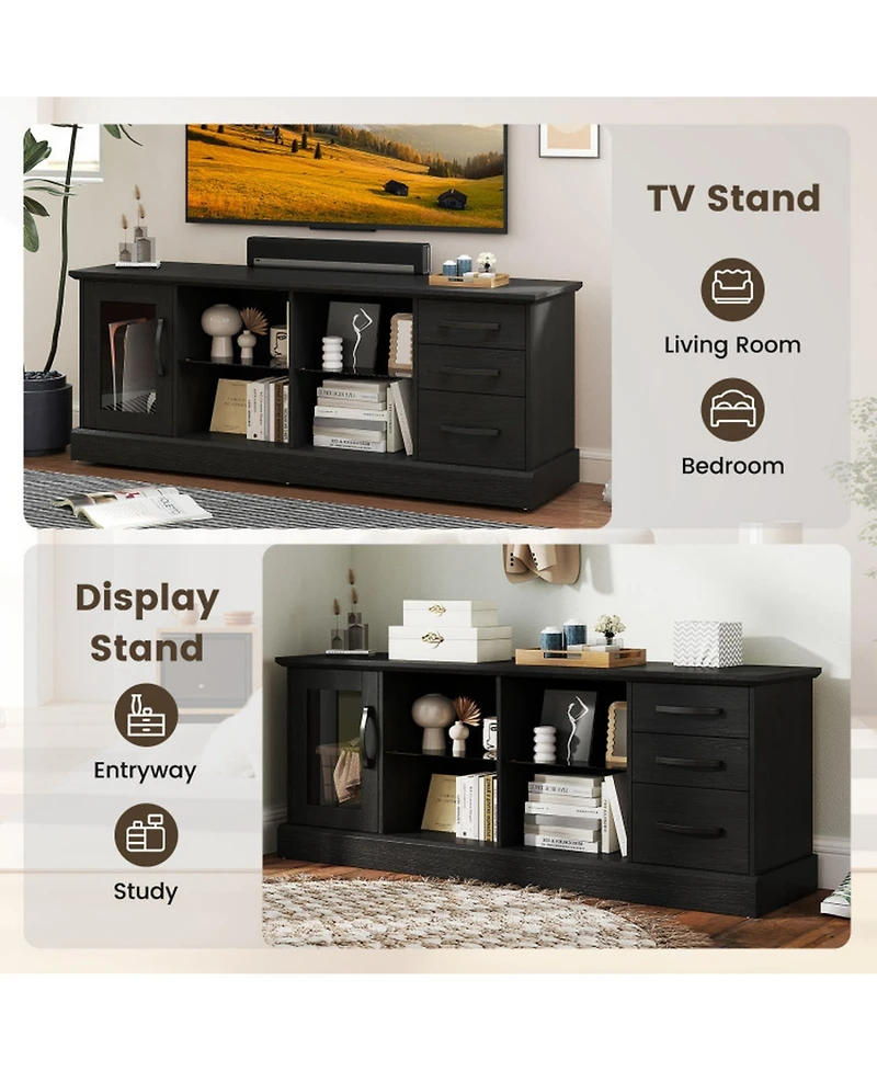 Sugift 63 in Media Console Table with 3 Drawers and 2 Glass Shelves