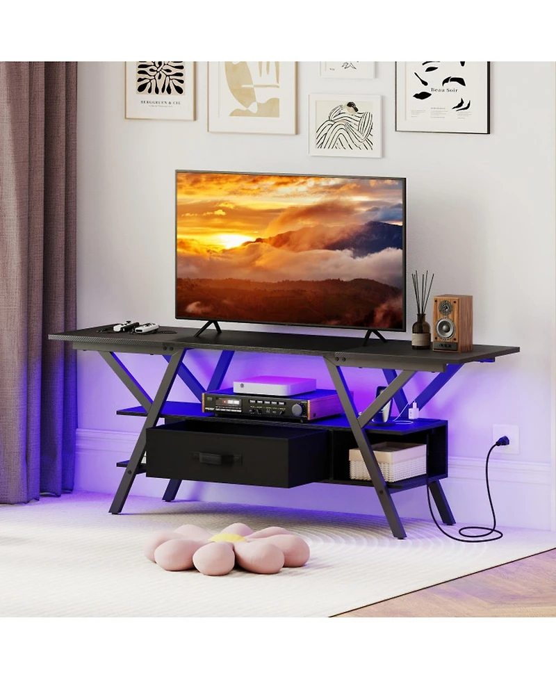 Sugift 65 in Tv Stand with Power Outlets and Led Lights