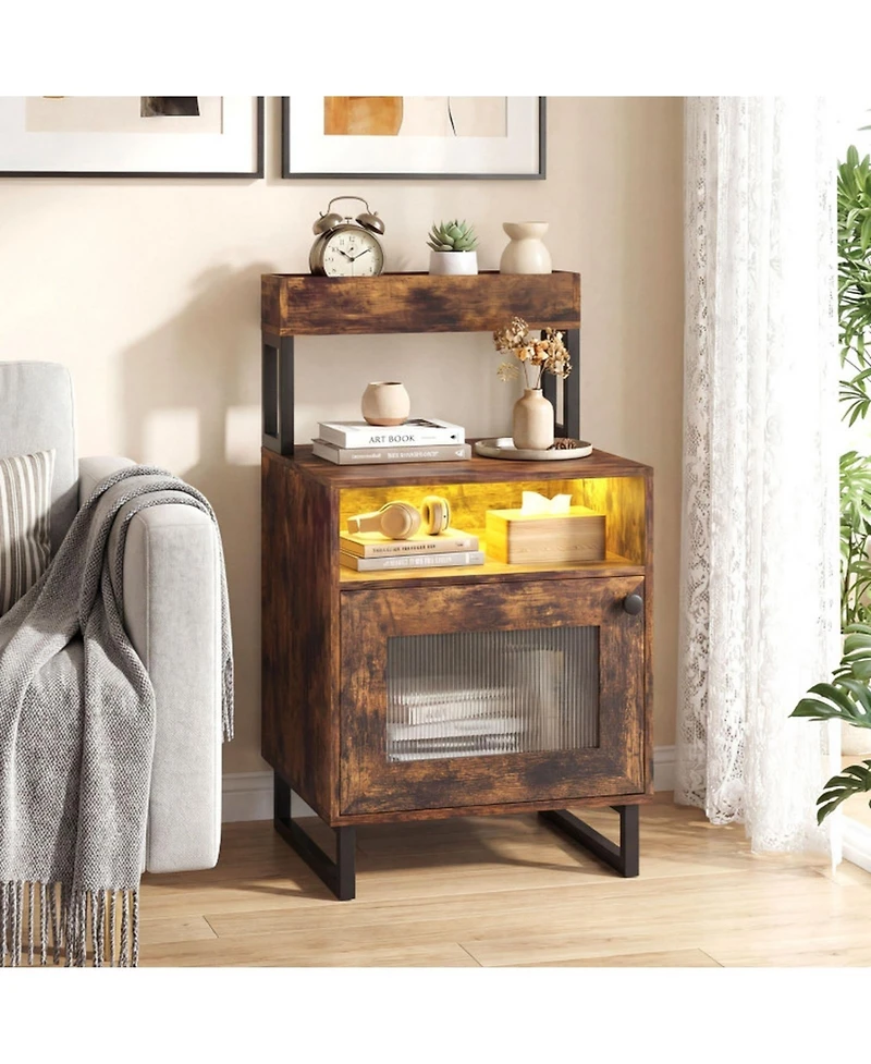 Sugift Led Nightstand with Top Tray Open Compartment and Storage Cabinet
