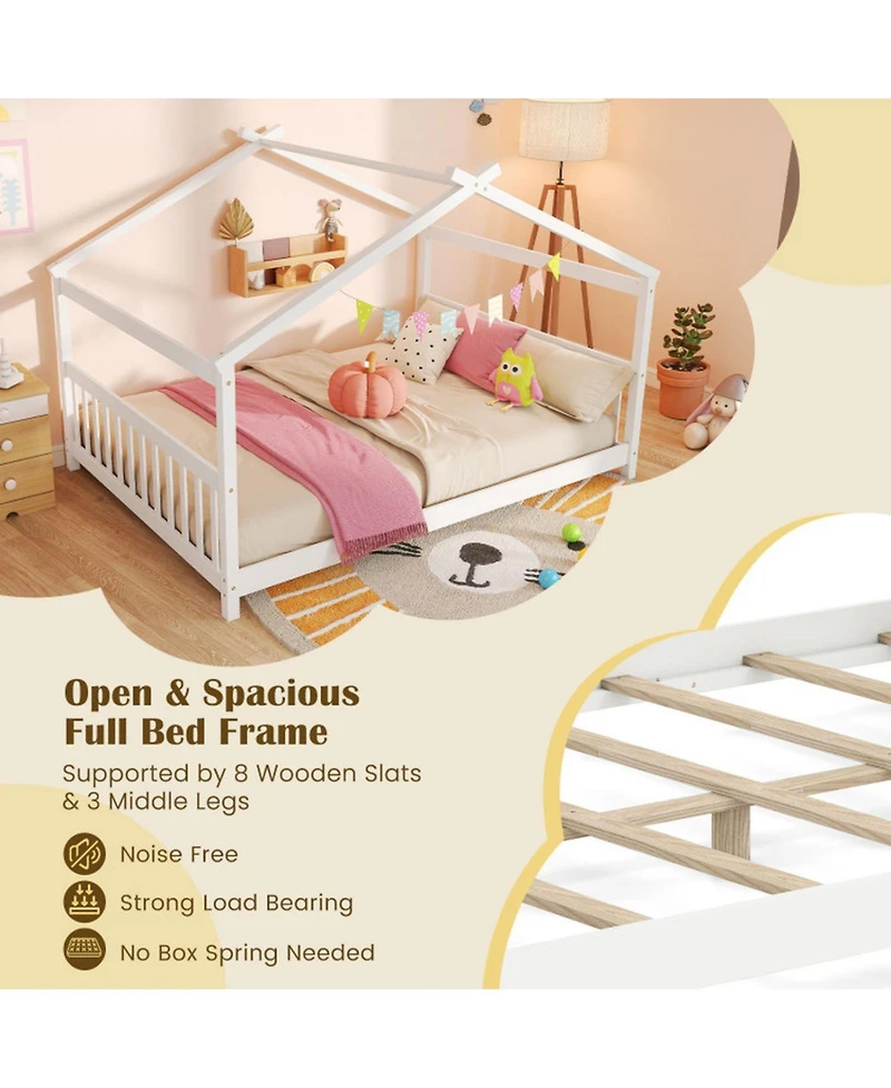 Sugift Full Size House Bed Montessori Floor Bed with Fence Headboard and Footboard