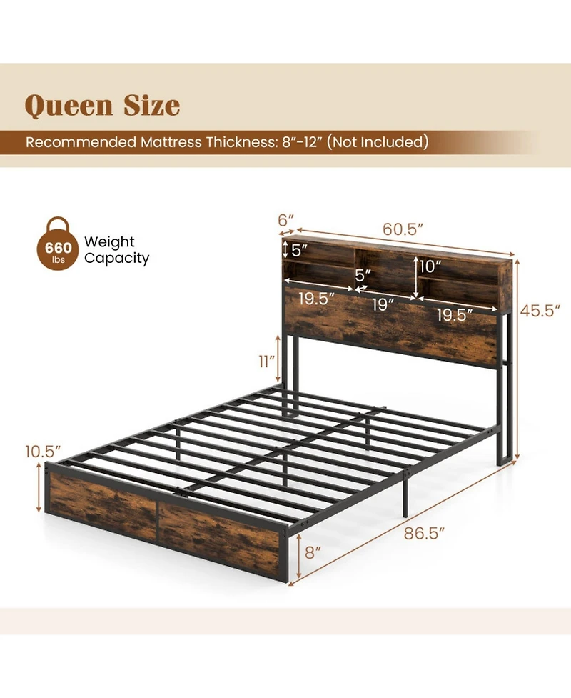 Sugift Queen Size Industrial Metal Platform Bed with Storage Headboard and Charging Station