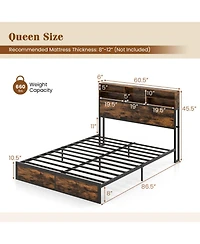 Sugift Queen Size Industrial Metal Platform Bed with Storage Headboard and Charging Station