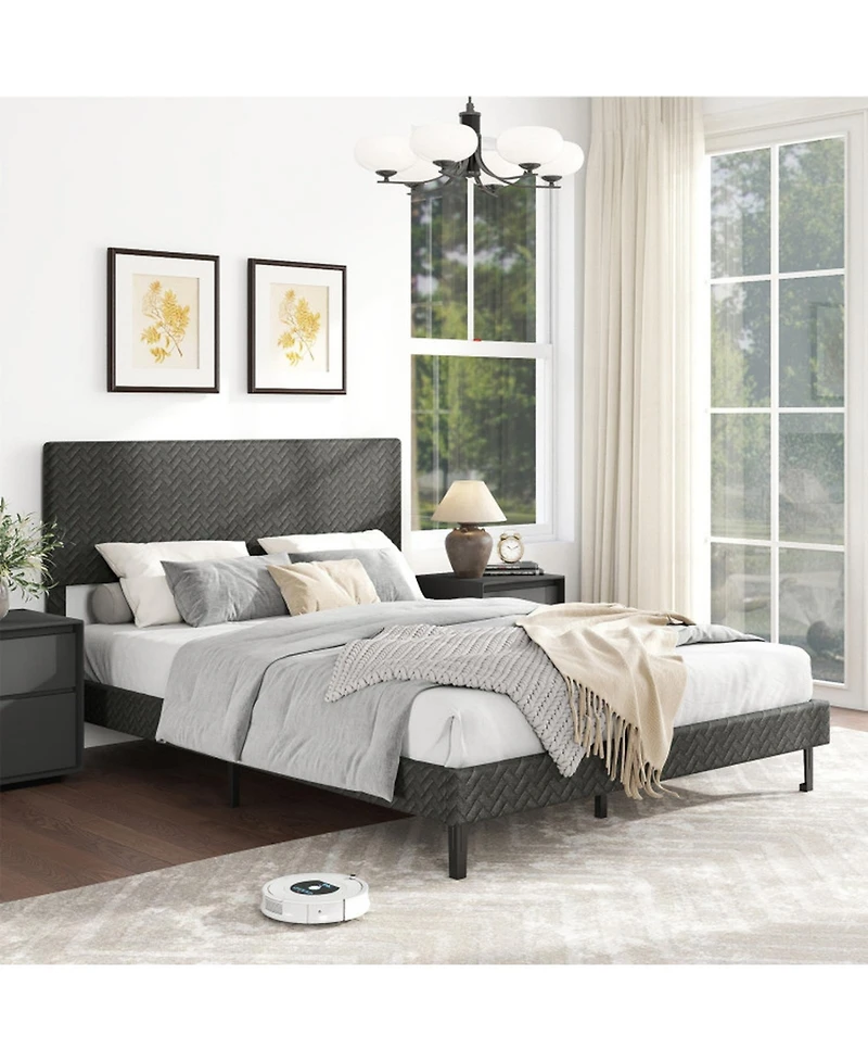Sugift Queen Size Velvet Upholstered Platform Bed with Adjustable Chevron Headboard
