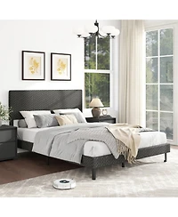 Sugift Queen Size Velvet Upholstered Platform Bed with Adjustable Chevron Headboard