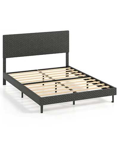 Sugift Queen Size Velvet Upholstered Platform Bed with Adjustable Chevron Headboard