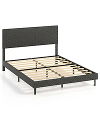 Sugift Queen Size Velvet Upholstered Platform Bed with Adjustable Chevron Headboard