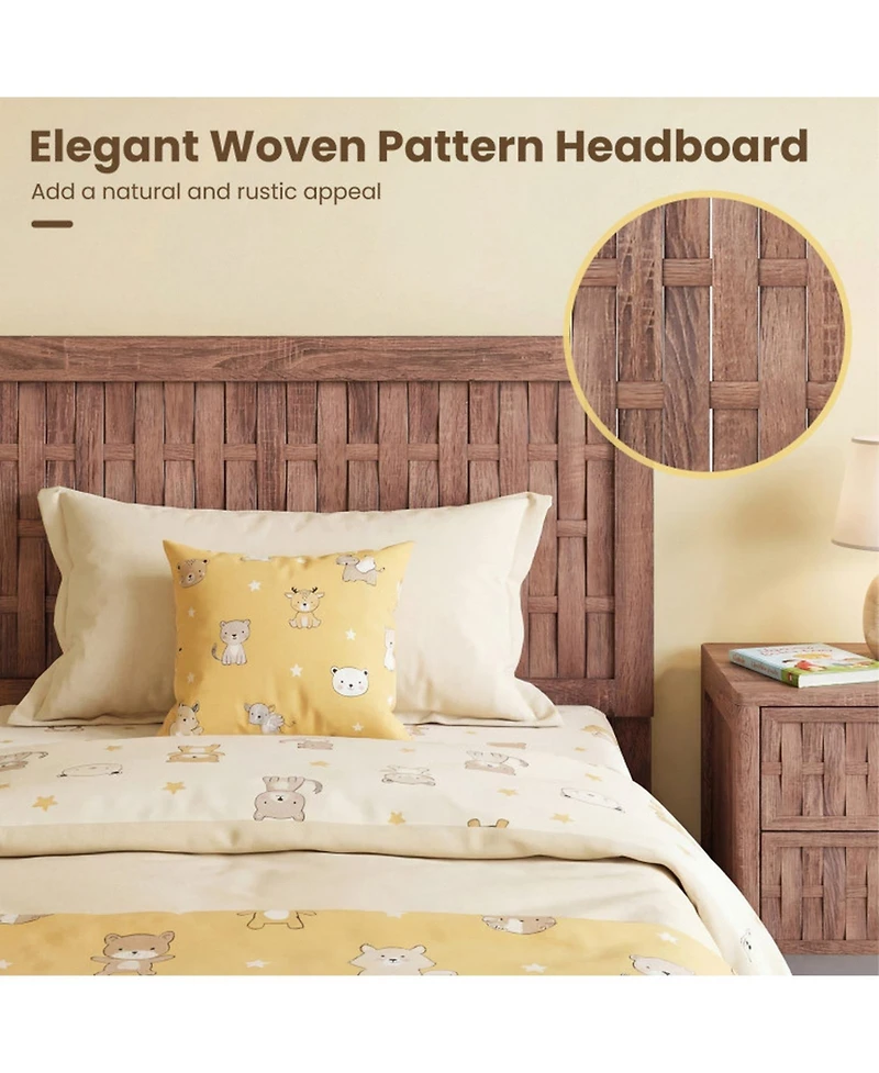 Sugift Twin Size Mid-Century Wood Bed Frame with Woven Accent Headboard