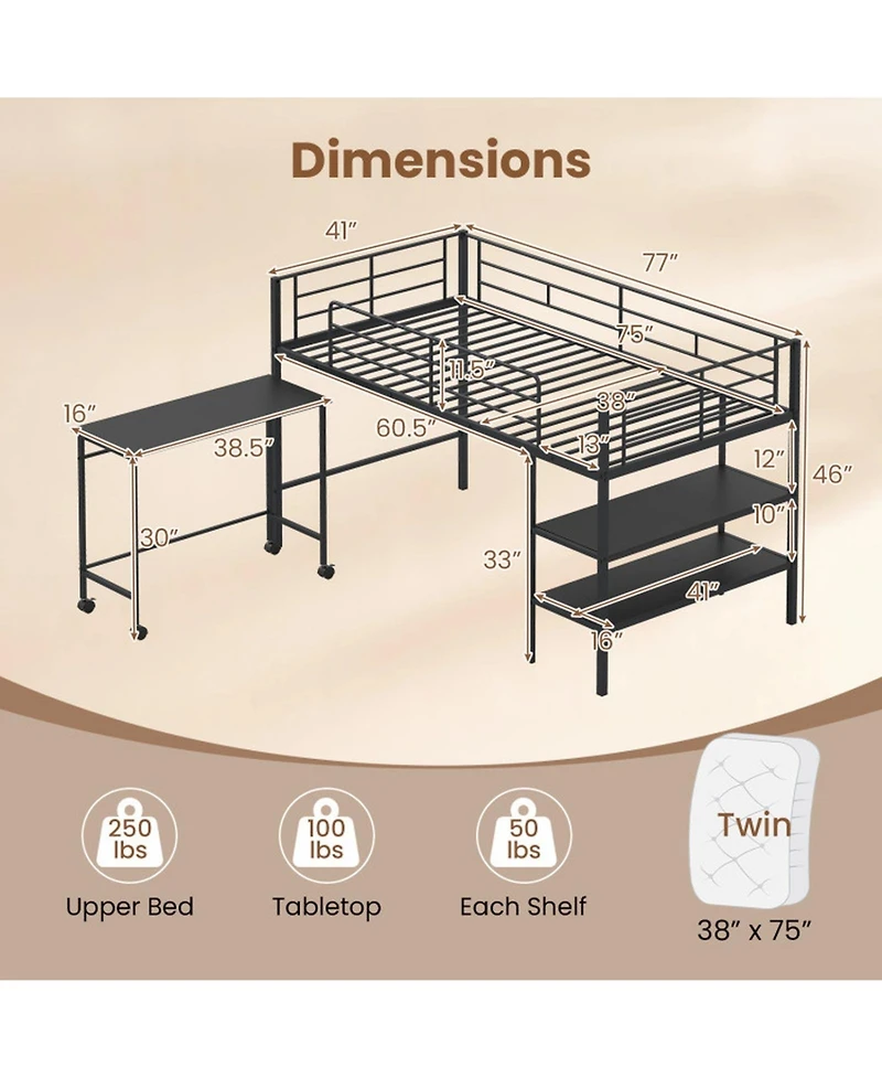 Sugift Twin Size Metal Loft Bed with Rolling Desk and Bookshelf Ladder