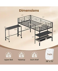 Sugift Twin Size Metal Loft Bed with Rolling Desk and Bookshelf Ladder