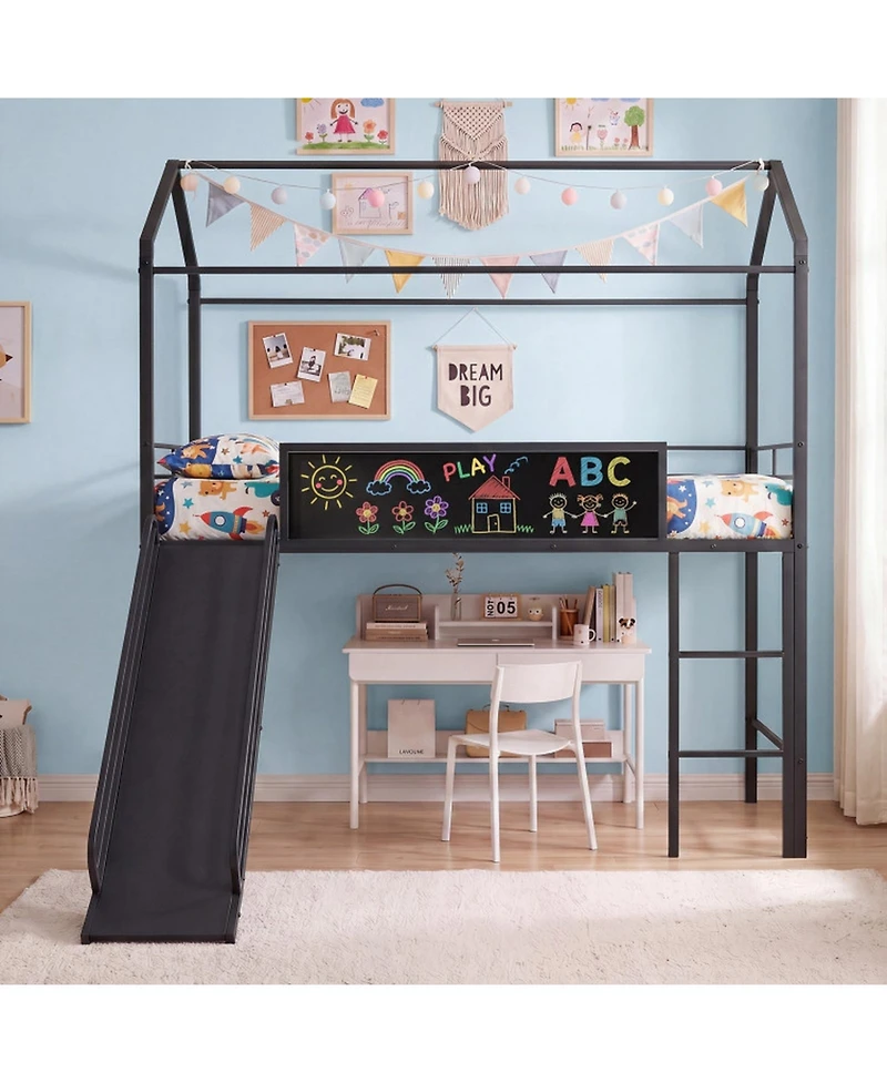 Sugift Twin Size Kids Metal Loft Bed with Slide Ladder and Chalkboard