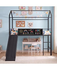 Sugift Twin Size Kids Metal Loft Bed with Slide Ladder and Chalkboard