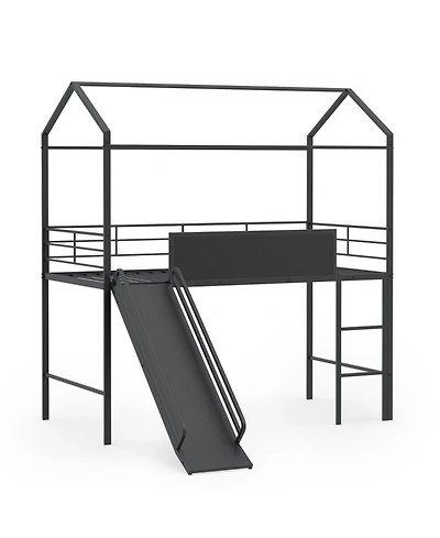 Sugift Twin Size Kids Metal Loft Bed with Slide Ladder and Chalkboard