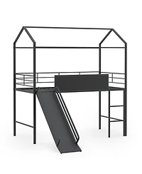 Sugift Twin Size Kids Metal Loft Bed with Slide Ladder and Chalkboard