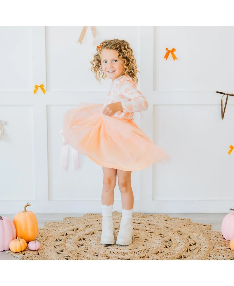 Sweet Wink Toddler Girls Pumpkin Bow Trellis Long Sleeve Tutu Dress
