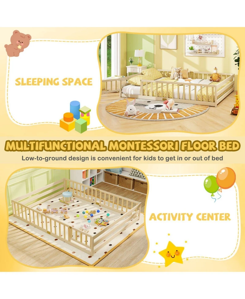 Sugift Queen Size Montessori Floor Bed with Full-Length Guardrails and Lockable Door