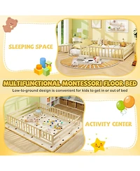 Sugift Queen Size Montessori Floor Bed with Full-Length Guardrails and Lockable Door