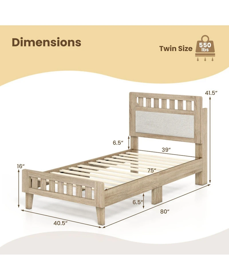 Sugift Twin Size Mid-Century Wood Bed Frame with Upholstered Headboard