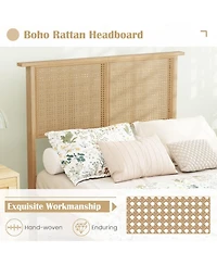 Sugift Twin Size Platform Bed Frame with Woven Rattan Headboard and Wood Slats